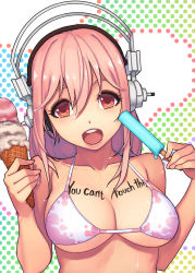 Rule 34 | 1girl, bikini, body writing, breasts, cleavage, dessert, english text, food, headphones, ice cream, ice cream cone, large breasts, long hair, looking at viewer, navel, nitroplus, open mouth, pink hair, popsicle, red eyes, smile, solo, super sonico, swimsuit, yuksi