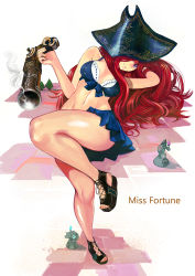 Rule 34 | 1girl, breasts, canking, cleavage, gun, hat, league of legends, long hair, miss fortune (league of legends), nail polish, open shoes, pirate, platform footwear, purple eyes, red hair, sandals, skirt, smile, toes, tree, weapon