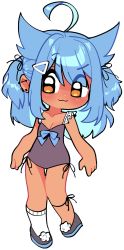 Rule 34 | 1girl, :3, ahoge, arms at sides, artist request, blue bow, blue hair, blush, bow, breasts, chibi, cleavage, closed mouth, colored inner hair, ear piercing, earrings, freckles, full body, grey leotard, hair flaps, hair ornament, hair ribbon, hairclip, highres, indie virtual youtuber, jewelry, leotard, long hair, looking at viewer, multicolored hair, munibug, piercing, pigeon-toed, ribbon, shoes, simple background, single sock, small breasts, smile, socks, solo, thigh gap, transparent background, two side up, v-shaped eyebrows, virtual youtuber, white socks, yellow eyes