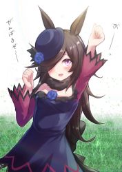 Rule 34 | 1girl, :d, absurdres, animal ears, arm up, bare shoulders, black bow, black hair, blue dress, blue flower, blue hat, blue rose, blush, bow, breasts, commentary request, dress, flower, grass, hair over one eye, hat, hat flower, highres, horse ears, long sleeves, looking at viewer, off-shoulder dress, off shoulder, open mouth, purple eyes, rice shower (umamusume), rose, small breasts, smile, solo, tilted headwear, translation request, umamusume, white background, wide sleeves, yukimi ai risu
