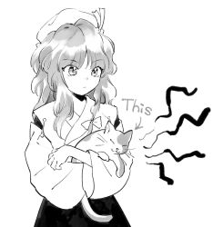 Rule 34 | 1girl, animal, cat, detached sleeves, expressionless, greyscale, hakama, hakama skirt, hat, highres, holding, holding animal, holding cat, hourai girl (touhou), japanese clothes, kaigen 1025, kimono, long sleeves, medium hair, miko, monochrome, portrait of exotic girls, simple background, skirt, solo, touhou, touhou (pc-98), wavy hair, white background, wide sleeves, yin yang orb (cat)