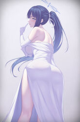 Rule 34 | 1girl, absurdres, ass, back, bare shoulders, blue archive, breasts, come hither, commentary request, dress, elbow gloves, finger to mouth, gloves, halo, highres, index finger raised, large breasts, long hair, looking at viewer, looking back, nmi, official alternate costume, parted lips, saori (blue archive), saori (dress) (blue archive), seductive smile, shushing, sideboob, smile, solo, white dress, white gloves
