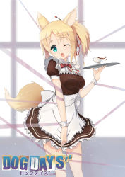 Rule 34 | 10s, 1girl, absurdres, animal ears, artist name, blonde hair, blush, breasts, dog days, female focus, fox ears, fox tail, green eyes, hair ribbon, heart, heart-shaped pupils, highres, large breasts, long hair, maid, one eye closed, open mouth, ponytail, ribbon, solo, symbol-shaped pupils, tail, viiker zhu, yukikaze panettone