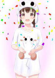 Rule 34 | 1girl, :d, blush, brown eyes, brown hair, confetti, hat, highres, holding, kanekan, looking at viewer, low twintails, naked shirt, open mouth, original, pawoo, pawoo-chan, pink background, shirt, short sleeves, smile, solo, stuffed elephant, twintails, white hat, white shirt