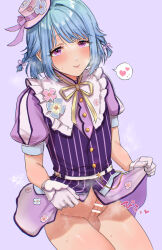 1boy aina123 bar_censor blue_flower blue_hair blush buttons censored closed_mouth clothes_lift crossdressing dress dress_lift ensemble_stars! erection eyelashes flower frills gloves hair_ribbon hat heart looking_at_viewer medium_hair neck_ribbon no_panties penis pink_flower pink_hat puffy_short_sleeves puffy_sleeves purple_background purple_dress purple_eyes purple_vest ribbon shino_hajime short_dress short_sleeves signature simple_background sitting smile solo sound_effects spoken_heart steaming_body sweatdrop trap vest white_gloves yellow_ribbon