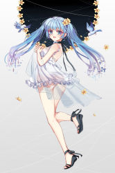 Rule 34 | 1girl, absurdres, ass, backless dress, backless outfit, bird, blue eyes, blue hair, dress, flower, from behind, full body, hair flower, hair ornament, hands on own chest, hatsune miku, highres, long hair, long legs, looking at viewer, looking back, matching hair/eyes, open mouth, sandals, solo, twintails, vioro, vocaloid