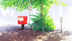 Rule 34 | absurdres, basket, bicycle, bicycle basket, commentary request, highres, hiraisaki, no humans, original, postbox (outgoing mail), road sign, scenery, shadow, sign, tree