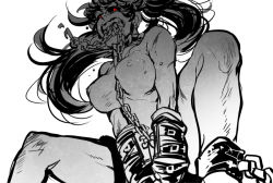 Rule 34 | 1girl, black sclera, bound, bound wrists, breasts, chain, colored sclera, cuffs, greyscale, high ponytail, knees, kogashirou, long hair, looking at viewer, monochrome, mouth hold, nipples, original, ponytail, red eyes, restrained, shackles, simple background, solo, thighs, white background