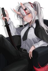 Rule 34 | 1girl, absurdres, alternate costume, belt, black belt, black necktie, black pants, blush, collared shirt, commentary, couch, english commentary, formal, grey hair, hair between eyes, highres, hoangryu, holding, holding sword, holding weapon, hololive, horns, jacket, jacket on shoulders, katana, long hair, long sleeves, looking at viewer, multicolored hair, nakiri ayame, necktie, on couch, pants, parted lips, red eyes, red hair, shirt, shirt tucked in, side ponytail, sitting, skin-covered horns, solo, streaked hair, sword, virtual youtuber, weapon, white shirt