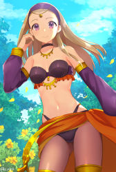 Rule 34 | 1girl, bikini, black bikini, black necktie, breasts, cleavage, commentary request, cowboy shot, day, dragon quest, dragon quest xi, from below, highres, kz ripo, necktie, outdoors, senya (dq11), solo, standing, stomach, strapless, strapless bikini, swimsuit, thigh strap, thighs