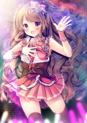 Rule 34 | 1girl, :d, black thighhighs, blush, bow, brown hair, corset, daisy, flower, frills, glowstick, hair bow, hair flower, hair ornament, hand on own chest, hand up, idol, long hair, mizuki yuuma, moe2016, multicolored eyes, one side up, open mouth, original, over-kneehighs, pink bow, pink skirt, pleated skirt, polka dot, polka dot bow, purple eyes, skirt, sleeveless, smile, solo, standing, swept bangs, thighhighs, very long hair, wavy hair, yellow eyes
