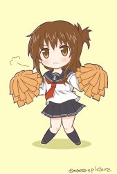 Rule 34 | &gt;:&lt;, 10s, 1girl, :&lt;, brown eyes, brown hair, chibi, closed mouth, folded ponytail, highres, inazuma (kancolle), kantai collection, kneehighs, knees together feet apart, mae (maesanpicture), necktie, pleated skirt, pom pom (cheerleading), school uniform, serafuku, simple background, skirt, socks, solo, twitter username, v-shaped eyebrows, yellow background