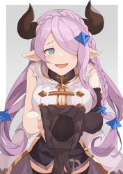 Rule 34 | 1girl, bare shoulders, blue eyes, blush, breasts, draph, glove spread, gloves, unworn gloves, granblue fantasy, grey background, hair ornament, hair over one eye, hinami (hinatamizu), horns, large breasts, light purple hair, long hair, looking at viewer, narmaya (granblue fantasy), open mouth, pointy ears, sexually suggestive, simple background, smile, solo