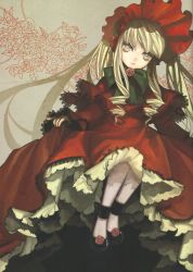 Rule 34 | 00s, absurdres, blonde hair, dress, drill hair, flower, green eyes, highres, looking at viewer, pantyhose, rozen maiden, scan, shinku, shoes, solo, wada arco