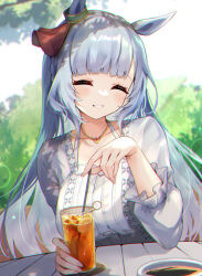 Rule 34 | 1girl, ^ ^, animal ears, blurry, blurry background, bow, braid, breasts, closed eyes, coffee, collarbone, commentary request, crown braid, cup, depth of field, drinking glass, drinking straw, ear ribbon, facing viewer, grey hair, hand up, highres, holding, holding cup, horse ears, ice, ice cube, jewelry, looking at viewer, medium breasts, mejiro ardan (umamusume), meyamu, pendant, red ribbon, ribbon, shirt, smile, solo, table, umamusume, upper body, white shirt