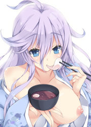 Rule 34 | 1girl, bare shoulders, blue eyes, blue kimono, blush, bowl, breasts, chopsticks, collarbone, commentary request, eating, food, food in mouth, hair between eyes, holding, holding bowl, holding chopsticks, japanese clothes, kimono, large breasts, long sleeves, looking at viewer, milkpanda, mochi, nipples, off shoulder, one breast out, open clothes, open kimono, original, print kimono, purple hair, shiruko (food), simple background, solo, wagashi, white background, wide sleeves, zouni soup