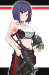Rule 34 | 1girl, armpits, bandaged arm, bandages, bare shoulders, belt, belt buckle, black pants, blush, breasts, buckle, closed mouth, clothes writing, collarbone, commentary, gas mask, goriate, gun, h&amp;k ump, holding, holding gun, holding weapon, looking away, looking down, mask, medium breasts, multicolored background, navel, nijisanji, pants, playerunknown&#039;s battlegrounds, pouch, purple hair, shizuka rin, short hair, smile, solo, sports bra, stomach, swept bangs, thigh pouch, trigger discipline, two-tone sports bra, virtual youtuber, weapon, weapon request, yellow eyes
