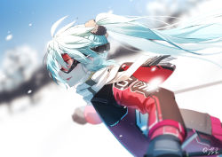 Rule 34 | 1girl, black gloves, blue eyes, blue hair, blue sky, blurry, blurry background, blurry foreground, chinese commentary, commentary, day, depth of field, floating hair, fringe trim, gloves, goggles, hatsune miku, highres, hood, hood down, hooded jacket, jacket, long hair, long sleeves, looking away, outdoors, parted lips, profile, qys3, red jacket, scarf, signature, ski goggles, skiing, sky, smile, snow, solo, twintails, vocaloid, white scarf