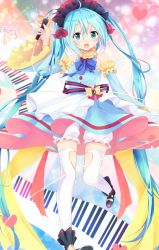 Rule 34 | 1girl, absurdly long hair, bad id, bad pixiv id, blue eyes, blue hair, blush, detached sleeves, full body, hatsune miku, heart, keyboard, long hair, looking at viewer, maruma (maruma gic), open mouth, signature, smile, solo, thighhighs, twintails, very long hair, vocaloid, white thighhighs