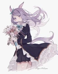 Rule 34 | 1girl, animal ears, aqua bow, aqua bowtie, aqua ribbon, black skirt, bouquet, bow, bowtie, character name, commentary request, ear ribbon, flower, grey background, highres, holding, holding bouquet, horse ears, horse girl, horse tail, long hair, long sleeves, looking at viewer, mejiro mcqueen (umamusume), purple eyes, purple hair, ribbon, satsuki (miicat), simple background, skirt, solo, tail, thighs, twitter username, umamusume