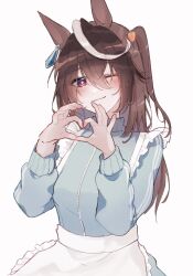 Rule 34 | 1girl, alternate costume, animal ears, apron, blue jacket, blush, breasts, brown hair, closed mouth, hair between eyes, hands up, heart, heart-shaped pupils, heart hands, highres, horse ears, jacket, jersey maid, long hair, maid, mochiyu (mochiko), multicolored hair, one eye closed, one side up, purple eyes, simple background, small breasts, solo, streaked hair, symbol-shaped pupils, symboli rudolf (umamusume), umamusume, unconventional maid, upper body, waist apron, white background