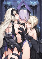 Rule 34 | 3girls, arch, armor, armpits, artoria pendragon (all), artoria pendragon (fate), asymmetrical docking, bare shoulders, bdsm, black dress, black gloves, black legwear, blonde hair, blue fire, bondage, bound, bound wrists, braid, breast press, breasts, breasts out, candle, candlelight, candlestand, chain, choker, clothing aside, clothing cutout, cowboy shot, deep skin, dress, elbow gloves, embarrassed, fate/grand order, fate (series), faulds, femdom, fingering, fire, fur trim, girl sandwich, gloves, gluteal fold, gorget, grabbing, grabbing another&#039;s breast, groin, haijin, hair ribbon, headpiece, jeanne d&#039;arc (fate), jeanne d&#039;arc (ruler) (fate), jeanne d&#039;arc alter (avenger) (fate), jeanne d&#039;arc alter (avenger) (third ascension) (fate), jeanne d&#039;arc alter (fate), large breasts, leotard, leotard aside, licking, licking another&#039;s face, licking armpit, light particles, long hair, looking at another, mash kyrielight, medium breasts, multiple girls, navel, navel cutout, nipples, one eye closed, open mouth, popoccpo, profile, purple eyes, purple gloves, purple hair, pussy juice, restrained, ribbon, saber (fate), saber alter, sandwiched, shiny skin, short hair, sidelocks, single thighhigh, small breasts, stomach, sweat, thigh strap, thighhighs, tongue, tongue out, vambraces, very long hair, yellow eyes, yuri