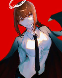 Rule 34 | 1girl, black jacket, black necktie, black pants, braid, breasts, brown eyes, brown hair, chainsaw man, closed mouth, collared shirt, commentary request, dress shirt, halo, jacket, jacket on shoulders, juu ame, long hair, makima (chainsaw man), necktie, pants, red background, shirt, simple background, single braid, small breasts, smile, solo, very long hair, white shirt