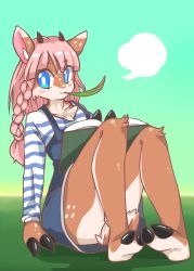 Rule 34 | 1girl, artist request, blue eyes, deer, female focus, full body, furry, furry female, gradient background, highres, long hair, nature, outdoors, pink hair, plant, sitting, solo