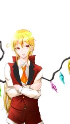 Rule 34 | 1boy, adapted costume, ascot, blonde hair, buttons, collared shirt, cowboy shot, crossed arms, crystal, dress shirt, flandre scarlet, frilled ascot, frills, genderswap, genderswap (ftm), hair between eyes, head tilt, highres, long sleeves, looking at viewer, male focus, medium hair, multicolored wings, no headwear, open mouth, orange ascot, red eyes, red shorts, red vest, shirt, shorts, simple background, teeth, touhou, upper teeth only, vest, white background, white shirt, wings, yo-san