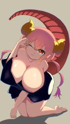Rule 34 | 1girl, absurdres, bare legs, bare shoulders, barefoot, black shirt, breasts, brown background, cleavage, dragon girl, dragon horns, dragon tail, frank-syou, highres, horns, huge breasts, ilulu (maidragon), kobayashi-san chi no maidragon, long hair, low twintails, off shoulder, one eye closed, pink hair, red eyes, shirt, shortstack, simple background, solo, tail, twintails