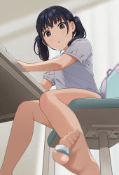 Rule 34 | 1girl, :o, backpack, bag, barefoot, between toes, black hair, blurry, blurry background, blurry foreground, blush, book, brown eyes, chair, depth of field, eraser, feet, female focus, foot focus, foreshortening, from below, grey shirt, looking at viewer, looking down, mattaku mousuke, office chair, on chair, open book, original, parted lips, shirt, short sleeves, sitting, soles, solo, swivel chair, table, toes, twintails, twitter username, watermark