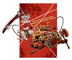 Rule 34 | 1boy, 1girl, abs, absurdres, adepta sororitas, adeptus astartes, armor, axe, breasts, chain, chain axe, chainsword, chaos (warhammer), chaos space marine, corset, dual wielding, english text, fake horns, gloves, helmet, highres, holding, holding weapon, horned helmet, horns, jumping, large breasts, loincloth, muscular, muscular female, power armor, purity seal, red eyes, rmulderz, scar, scar across eye, sharp teeth, short hair, teeth, warhammer 40k, weapon, white hair