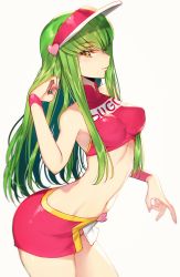 Rule 34 | 1girl, arched back, armpits, bare shoulders, blurry, breasts, c.c., character name, clothes writing, code geass, cosplay, cowboy shot, creayus, crop top, depth of field, from side, future gpx cyber formula, green hair, hand in own hair, heart, high collar, large breasts, long hair, looking at viewer, microskirt, midriff, miniskirt, nail polish, navel, no bra, race queen, red shirt, red skirt, shirt, simple background, skirt, smile, solo, standing, sugou asuka, sugou asuka (cosplay), taut clothes, taut shirt, visor cap, white background, wristband, yellow eyes