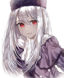 Rule 34 | 1girl, :d, capelet, coat, commentary request, deep (deep4946), fate/stay night, fate (series), fur hat, hair between eyes, hat, highres, illyasviel von einzbern, long hair, looking at viewer, open mouth, papakha, purple capelet, purple coat, purple hat, red eyes, scarf, silver hair, simple background, smile, solo, upper body, white background, white scarf