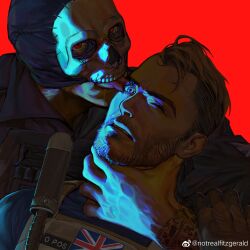 Rule 34 | 2boys, artist request, bara, beard, black hair, bulletproof vest, call of duty, call of duty: modern warfare 2, facial hair, ghost (modern warfare 2), highres, licking, licking eye, looking at viewer, male focus, mask, mask lift, mature male, multiple boys, one eye closed, red background, red eyes, short hair, skull mask, soap (modern warfare 2), tongue, tongue out, union jack, union jack print, upper body, yaoi