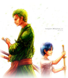 Rule 34 | 1boy, 1girl, 2016, age difference, artist name, blue hair, closed mouth, earrings, from side, green hair, holding, holding sword, holding weapon, japanese clothes, jewelry, katana, kuina, one eye closed, one piece, roronoa zoro, scar, scar across eye, shirt, short hair, single earring, smile, starpiece, sword, watermark, weapon, web address