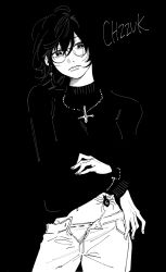 Rule 34 | 1girl, bead bracelet, beads, blending, bracelet, breasts, clothes lift, cowboy shot, cross, cross earrings, cross necklace, earrings, glasses, greyscale, groin, head tilt, highres, hunter x hunter, inverted cross, jewelry, karasuma (wbeach01), lifting own clothes, long hair, long sleeves, looking at viewer, medium hair, midriff, monochrome, navel, necklace, open pants, panties, pants, shizuku murasaki, short hair, simple background, solo, spider tattoo, stomach tattoo, sweater, sweater lift, tattoo, turtleneck, turtleneck sweater, underwear