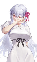 Rule 34 | 1girl, absurdres, black ribbon, breasts, collared dress, cotta (heleif), dress, fate/stay night, fate (series), grey hair, hair ribbon, hand on own cheek, hand on own face, heaven&#039;s feel, highres, large breasts, looking at viewer, matou sakura, red eyes, ribbon, short sleeves, slit pupils, solo, white background, white dress, white hair