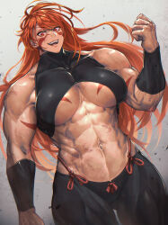 Rule 34 | 1girl, abs, biceps, black wristband, body markings, breasts, collarbone, facial mark, fuuma kotarou (tenkaichi), gradient background, highres, japanese clothes, large breasts, long hair, looking at viewer, mikel (4hands), muscular, muscular female, open mouth, red eyes, red hair, revealing clothes, simple background, solo, teeth, tenkaichi nihon saikyou bugeisha ketteisen, veins, veiny arms, wristband