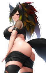Rule 34 | 1girl, animal ears, ass, black thighhighs, breasts, brown hair, butt crack, closed mouth, clothes lift, highres, large breasts, long hair, looking at viewer, multicolored hair, original, red eyes, red hair, sideboob, simple background, smile, solo, suruga (xsurugax), tail, thighhighs, white background