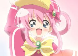 Rule 34 | 10s, 1girl, blue eyes, blush, female focus, gradient background, happy, hat, long hair, open mouth, pink hair, sherlock shellingford, solo, tantei opera milky holmes, twintails