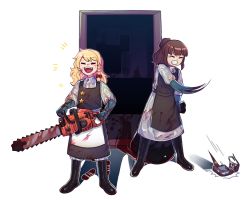 Rule 34 | 2girls, apron, black apron, black footwear, black skirt, black vest, blonde hair, blood, blood on clothes, blood on face, blood trail, bloody weapon, blue gloves, blunt bangs, boots, bow, braid, brown hair, chainsaw, closed eyes, commentary request, cookie (touhou), door, footprints, full body, gloves, hair bow, hakurei reimu, highres, hita (hizokuseikogeki), holding, holding chainsaw, kirisame marisa, laughing, long hair, long sleeves, mask, medium hair, mouth mask, multiple girls, open mouth, ponytail, power tool, red bow, rubber gloves, rurima (cookie), shirt, side braid, single braid, skirt, smile, standing, star (symbol), suzu (cookie), throwing, touhou, transparent background, trash bag, vest, waist apron, weapon, white apron, white shirt