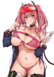 Rule 34 | 1girl, azur lane, belly, belly piercing, bikini, bikini pull, blue jacket, blush, breasts, bremerton (azur lane), chest belt, chest strap, clothes lift, clothes pull, coat, covered erect nipples, front-tie bikini top, front-tie top, garter belt, goggles, goggles on head, highres, holding, holding shower head, jacket, jacket partially removed, large breasts, leg armor, lifebuoy, looking at viewer, medium hair, mole, mole on breast, mole under eye, multicolored hair, navel, navel piercing, nipples visible through clothes, panties, piercing, pink bikini, pink hair, pulling at clothes, purple eyes, shower head, side-tie bikini bottom, side-tie panties, sidelocks, skindentation, smile, streaked hair, swim ring, swimsuit, swimsuit lift, thighhighs, tokiwa midori (kyokutou funamushi), twintails, underwear, white background, white thighhighs, wristband