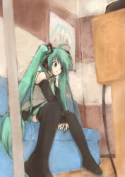 Rule 34 | 1girl, bad id, bad pixiv id, bare shoulders, black thighhighs, blue eyes, blue hair, detached sleeves, hatsune miku, headset, loki, long hair, matching hair/eyes, ploki, poster (object), sitting, solo, thighhighs, twintails, very long hair, vocaloid