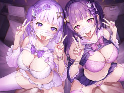 Rule 34 | 2girls, bare shoulders, blush, bra, bracelet, breasts, cleavage, clothes lift, collarbone, double v, ear piercing, garter straps, girl on top, hair ornament, hairclip, highres, jewelry, large breasts, light purple hair, long hair, looking at viewer, multiple girls, nail polish, navel, original, penis, piercing, purple hair, purple nails, ring, sage joh, sex, shirt lift, smile, tongue, tongue out, underwear, v