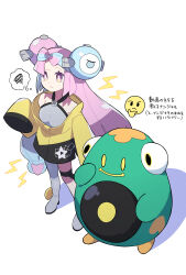 Rule 34 | 1girl, absurdres, aqua hair, bellibolt, bright pupils, closed mouth, commentary request, creatures (company), emoji, frown, game freak, grey footwear, grey shirt, hand up, highres, iono (pokemon), jacket, lightning bolt symbol, long hair, nintendo, pokemon, pokemon (creature), pokemon sv, purple eyes, purple hair, shirt, shoes, single leg pantyhose, sleeveless, sleeveless shirt, sleeves past fingers, sleeves past wrists, squiggle, standing, star (symbol), star print, thigh strap, thought bubble, translation request, twintails, user vpzk3237, white background, white pupils, yellow jacket