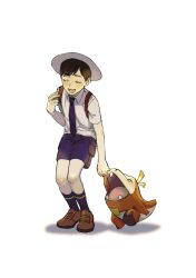 Rule 34 | 1boy, :d, backpack, bag, brown footwear, brown hair, closed eyes, collared shirt, commentary request, creatures (company), florian (pokemon), fuecoco, game freak, hat, highres, holding hands, knees, male focus, necktie, nintendo, open mouth, otakumi (user krmf7787), pokemon, pokemon (creature), pokemon sv, purple necktie, purple shorts, school uniform, shirt, shoes, short hair, short sleeves, shorts, smile, socks, squatting