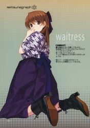 Rule 34 | 1girl, absurdres, ankle boots, black footwear, boots, bow, brown eyes, brown hair, cross-laced footwear, from behind, full body, hair bow, hand up, high heel boots, high heels, highres, japanese clothes, kimono, kneeling, lace-up boots, long hair, looking at viewer, looking back, mibu natsuki, ogiso setsuna, shoe soles, short sleeves, solo, white album (series), white album 2