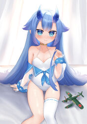 Rule 34 | 1girl, absurdres, alternate color school swimsuit, azur lane, barefoot, blue eyes, blue hair, blue horns, blush, breasts, curtains, day, e16a zuiun, fang, gold choker, hair flaps, highres, horns, i-13 (azur lane), indoors, jersum, long hair, looking at viewer, on bed, one-piece swimsuit, school swimsuit, school uniform, see-through, see-through sleeves, serafuku, short eyebrows, single thighhigh, sitting, small breasts, smile, solo, swimsuit, thick eyebrows, thighhighs, translucent horns, very long hair, white one-piece swimsuit, white thighhighs, window
