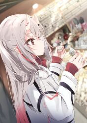 Rule 34 | 1girl, alternate hairstyle, animal collar, collar, commentary request, earrings removed, fingernails, gradient hair, grey hair, highres, hololive, horns, jacket, long hair, long sleeves, looking at object, multicolored hair, nail polish, nakiri ayame, red eyes, red hair, red nails, shiro hebi rei, shopping, skin-covered horns, streaked hair, two side up, virtual youtuber, white jacket, window shopping
